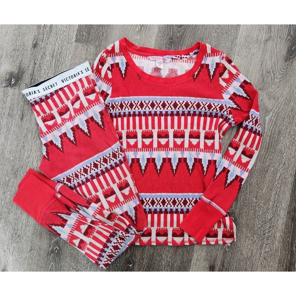 Victorias Secret Red Fair Isle Waffle Knit Thermal Pajama Set Small